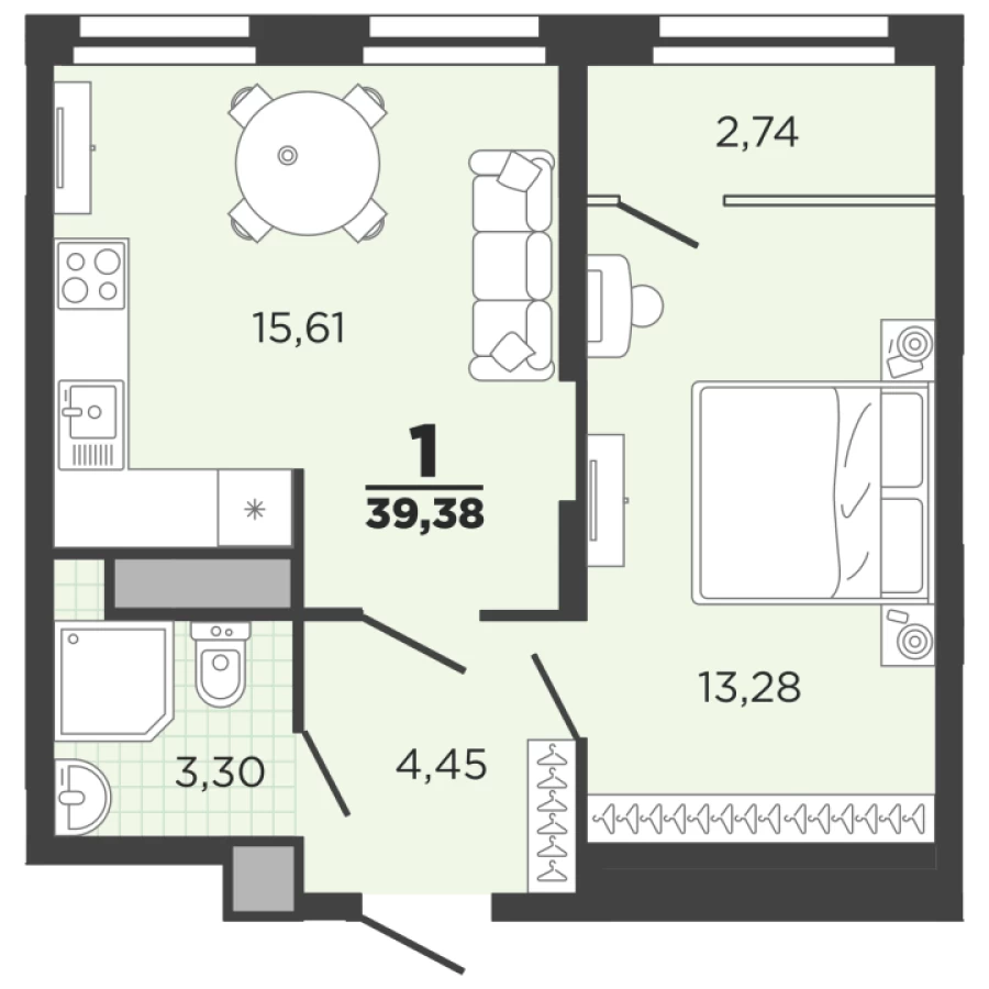 Однокомнатная квартира в ЖК на Зубковой площадью 39,38 м2